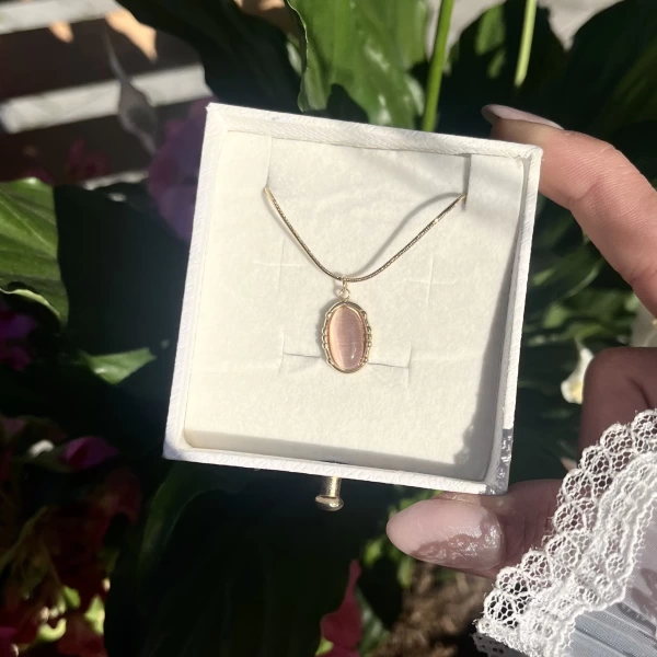 Pembe Taşlı Vintage Kolye I Çelik