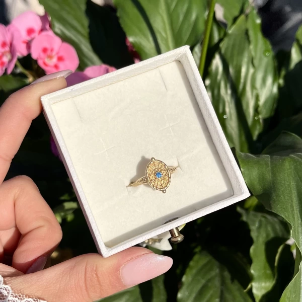 Mavi Taşlı Antik Vintage Yüzük I Ham Pirinç