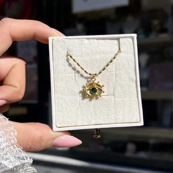 Yeşil Göz Vintage Kolye I Ham Pirinç