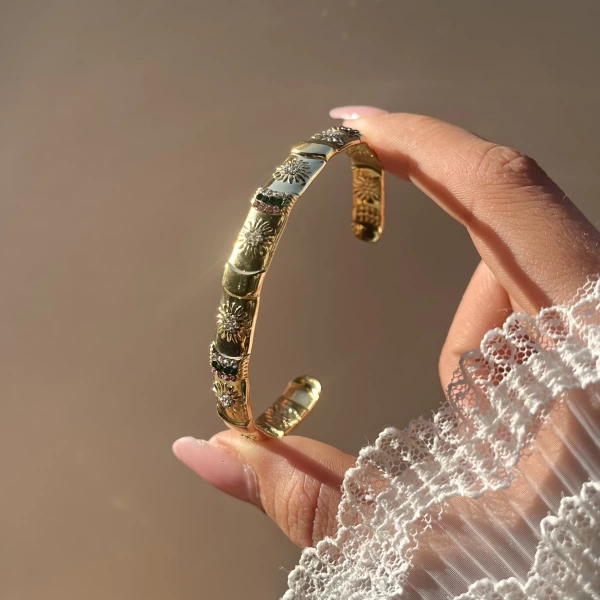 Renkli Taşlı Güneş Vintage Kelepçe Bileklik I Çelik