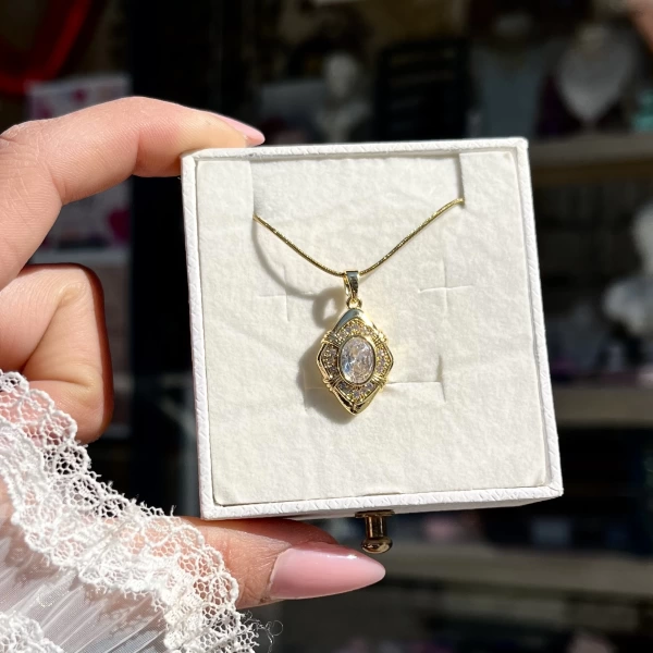 Taşlı Dörtgen Vintage Kolye I Çelik