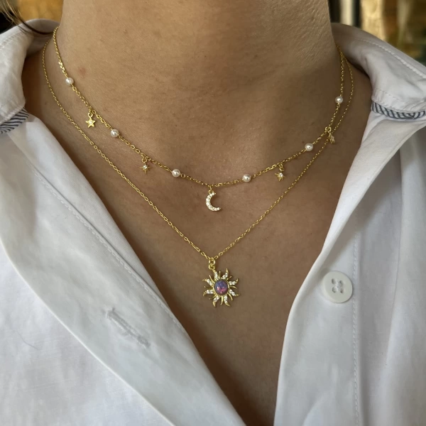 Mor Opal Taşlı Rapunzel Güneş Kolye I 925 Gümüş