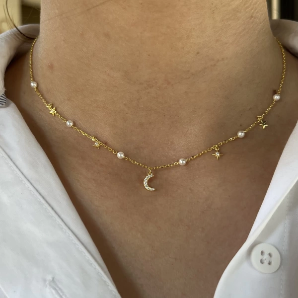 İnci ve Gökyüzü Motifli Choker Kolye I 925 Gümüş