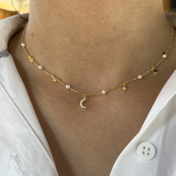 İnci ve Gökyüzü Motifli Choker Kolye I 925 Gümüş