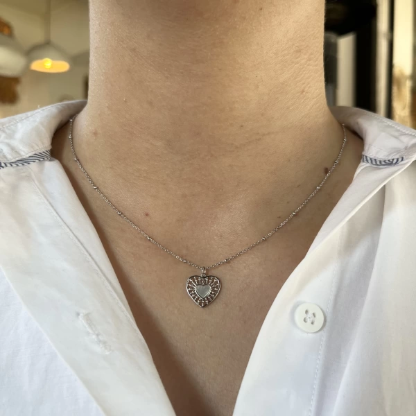 Beyaz Sedefli Kalp Kolye I 925 Gümüş