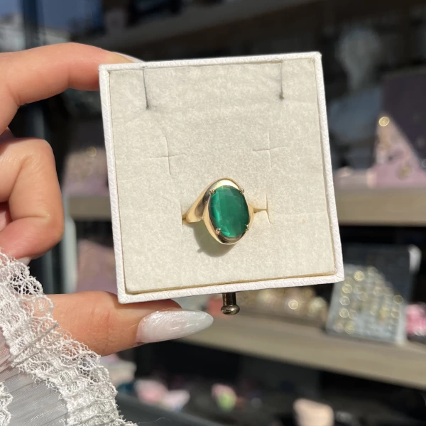 Koyu Yeşil Kedigözü Taşlı Vintage Yüzük