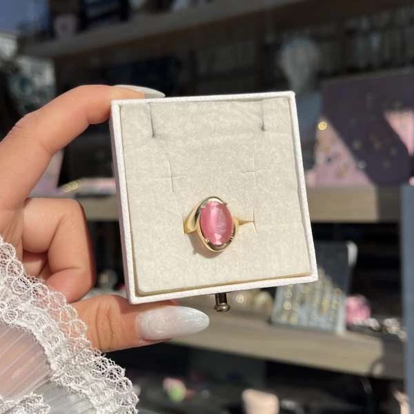 Pembe Kedigözü Taşlı Vintage Yüzük