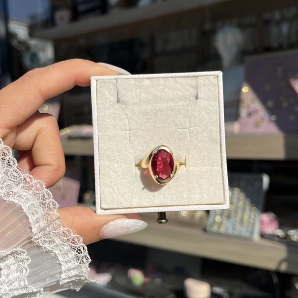 Fuşya Kedigözü Taşlı Vintage Yüzük