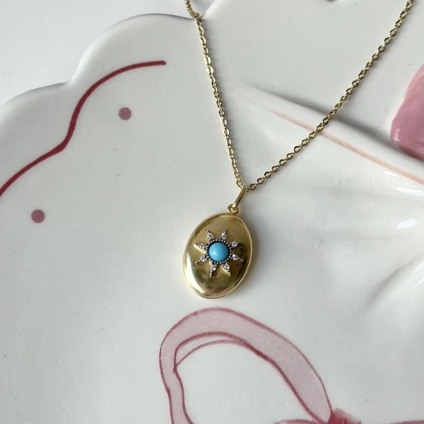 Turkuaz Taşlı Oval Fotoğraflı Kolye (1,4 cm)