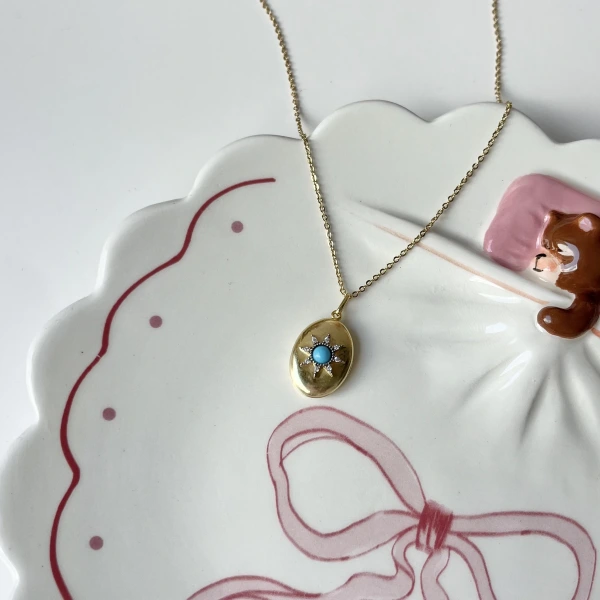 Turkuaz Taşlı Oval Fotoğraflı Kolye (1,4 cm)