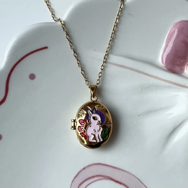 Tavşan Desenli Oval Fotoğraflı Kolye (1,7 cm)