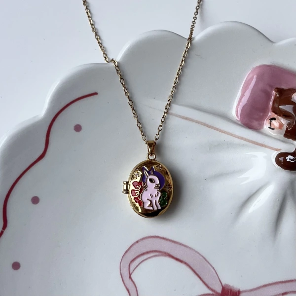 Tavşan Desenli Oval Fotoğraflı Kolye (1,7 cm)