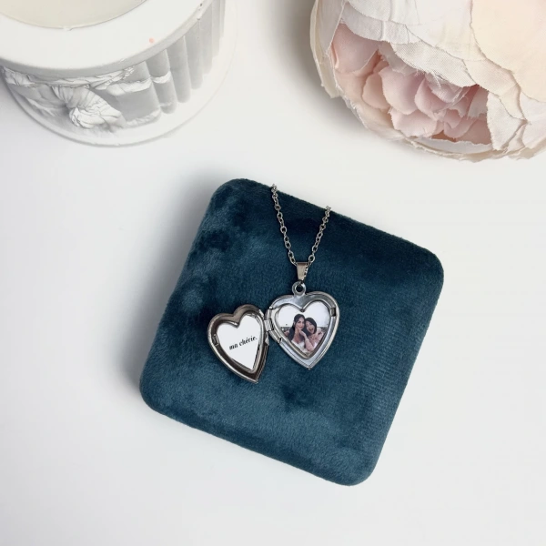 Fiyonklu Fotoğraflı Kalp Kolye