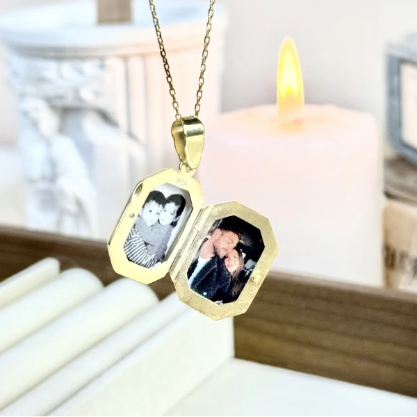 Yazılı Sekizgen Fotoğraflı Kolye