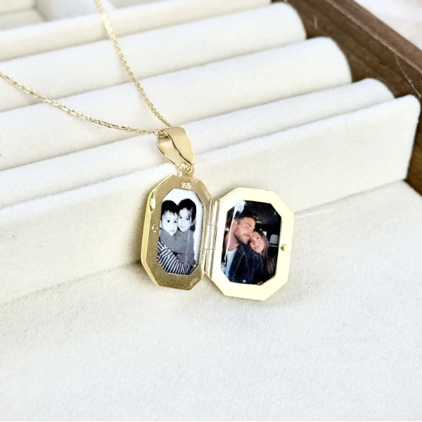 Yazılı Sekizgen Fotoğraflı Kolye