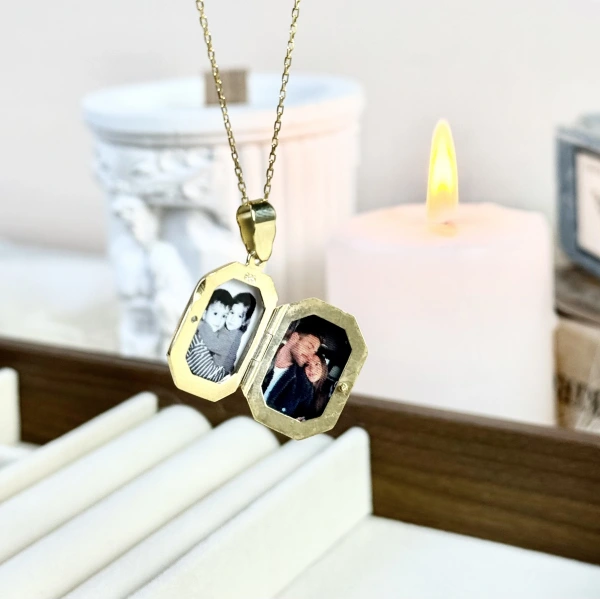Yazılı Sekizgen Fotoğraflı Kolye