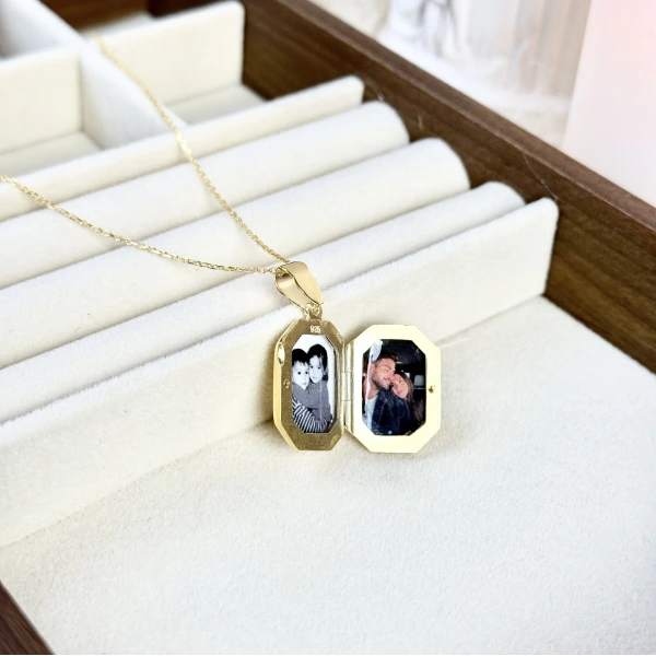Yazılı Sekizgen Fotoğraflı Kolye