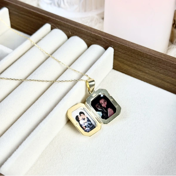 Yazılı Köşeli Fotoğraflı Kolye
