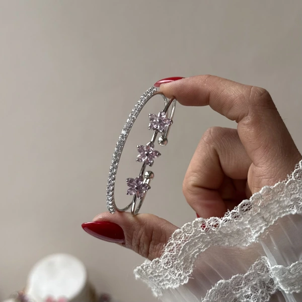 Prenses Pembe Taşlı Çiçek Kelepçe Bileklik
