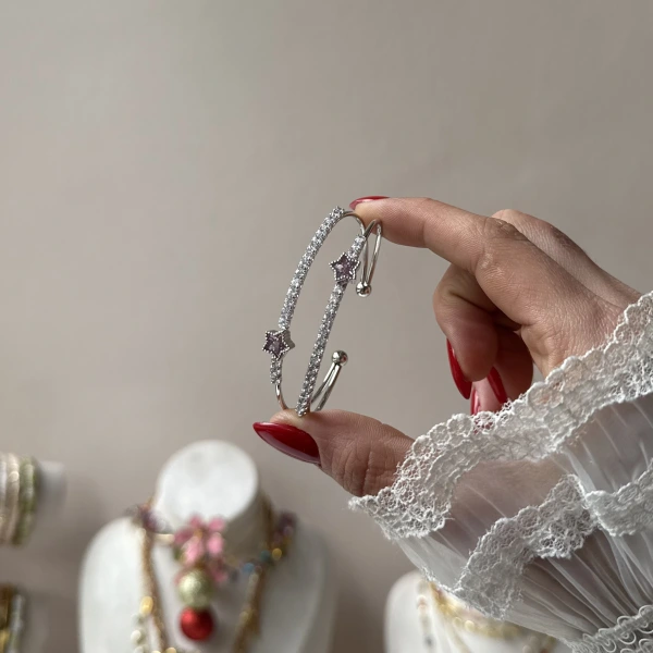 Prenses Pembe Taşlı Yıldızlı Kelepçe Bileklik