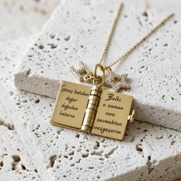 Yıldız Charmlı ve Harfli Şiirli Kitap Kolye