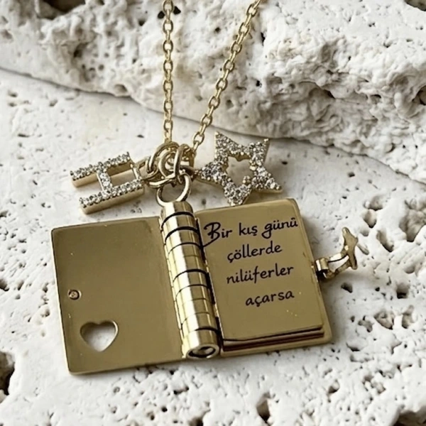 Yıldız Charmlı ve Harfli Şiirli Kitap Kolye