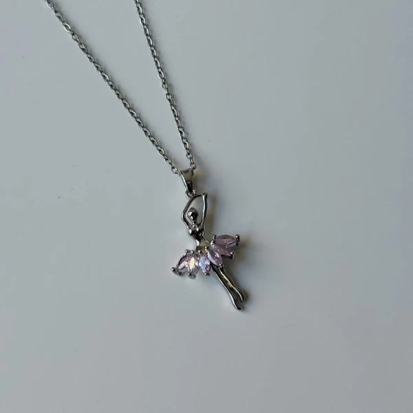 Pembe Taşlı Balerina Kolye