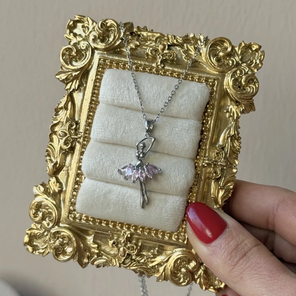 Pembe Taşlı Balerina Kolye