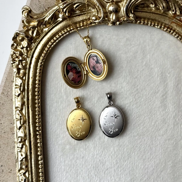 Kuzey Yıldızlı Oval Fotoğraflı Kolye  (1.6 cm )