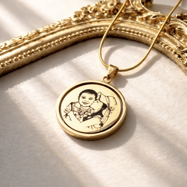 Arkası Yazılı ve Dönen Çizim Fotoğraflı Kolye