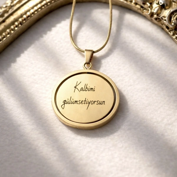 Arkası Yazılı ve Dönen Çizim Fotoğraflı Kolye