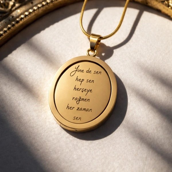 Arkası Yazılı ve Dönen Çizim Fotoğraflı Kolye