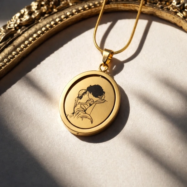 Arkası Yazılı ve Dönen Çizim Fotoğraflı Kolye