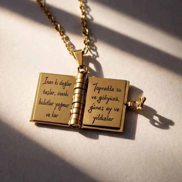 Yazılı ve Tek Fotoğraflı Gül Desenli Kitap Kolye