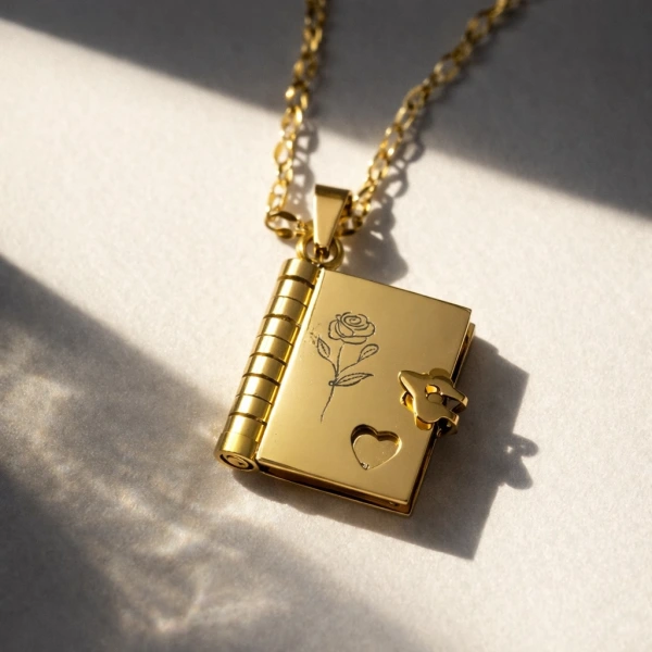 Yazılı ve Tek Fotoğraflı Gül Desenli Kitap Kolye