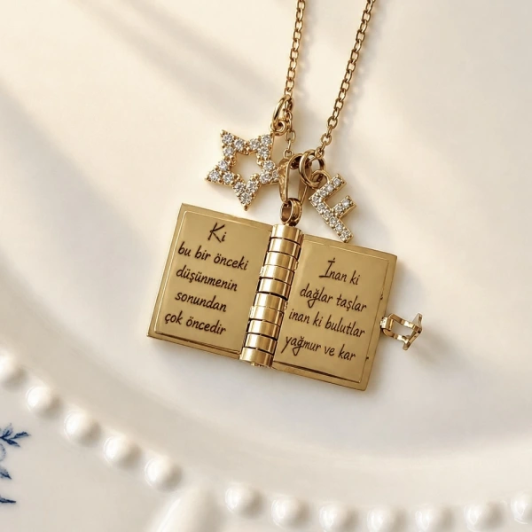 Yıldız Charmlı ve Harfli Şiirli Kitap Kolye