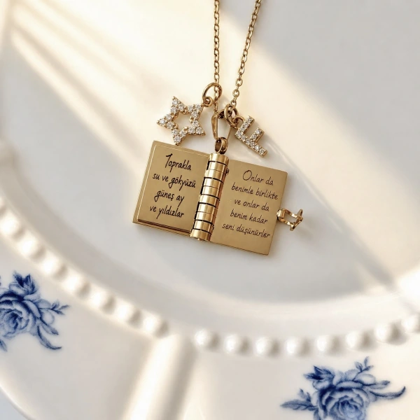 Yıldız Charmlı ve Harfli Şiirli Kitap Kolye