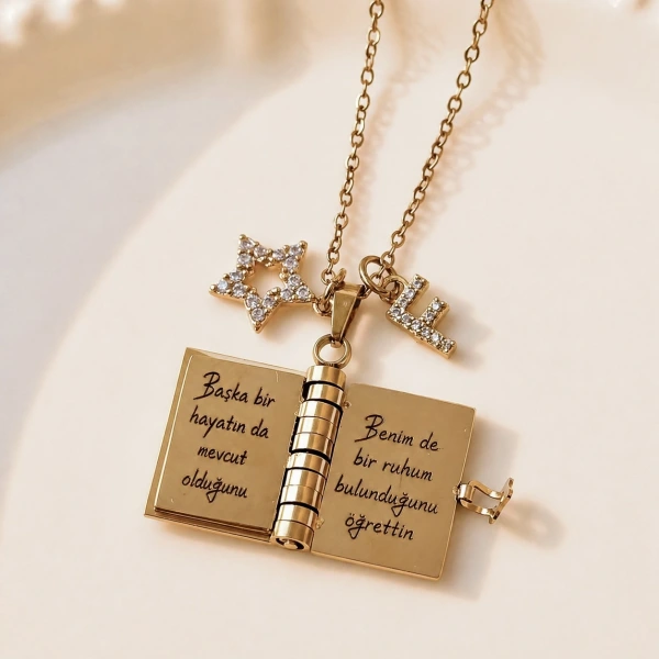 Yıldız Charmlı ve Harfli Şiirli Kitap Kolye