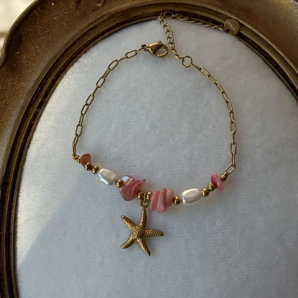 Pembe Taşlı Yıldız Zincir Bileklik