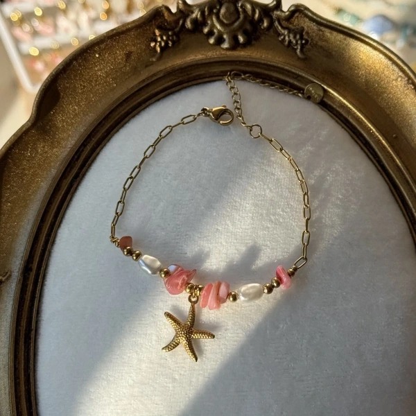 Pembe Taşlı Yıldız Zincir Bileklik