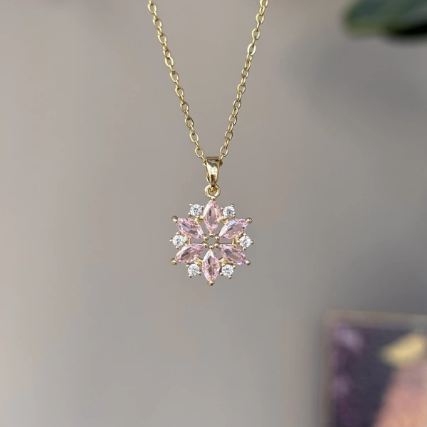 Taşlı Lotus Çiçek Kolye