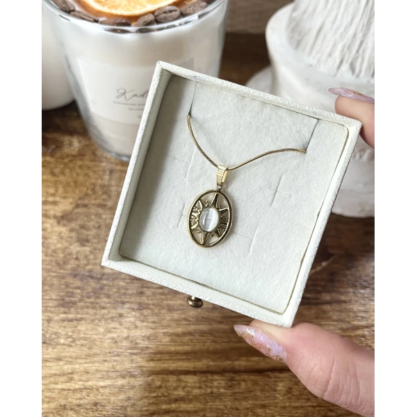Ay Taşlı Oval Kuzey Yıldızı Kolye | Çelik