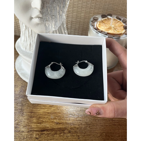 Beyaz Akik Taşlı Vintage Küpe I Çelik