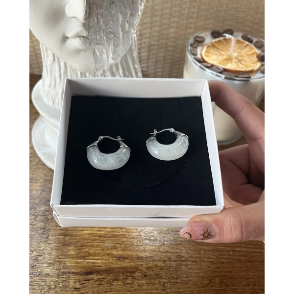 Beyaz Akik Taşlı Vintage Küpe I Çelik