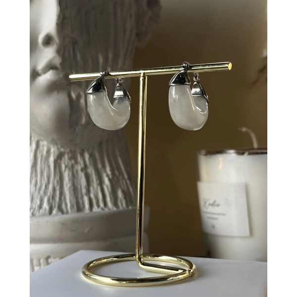 Beyaz Akik Taşlı Vintage Küpe I Çelik