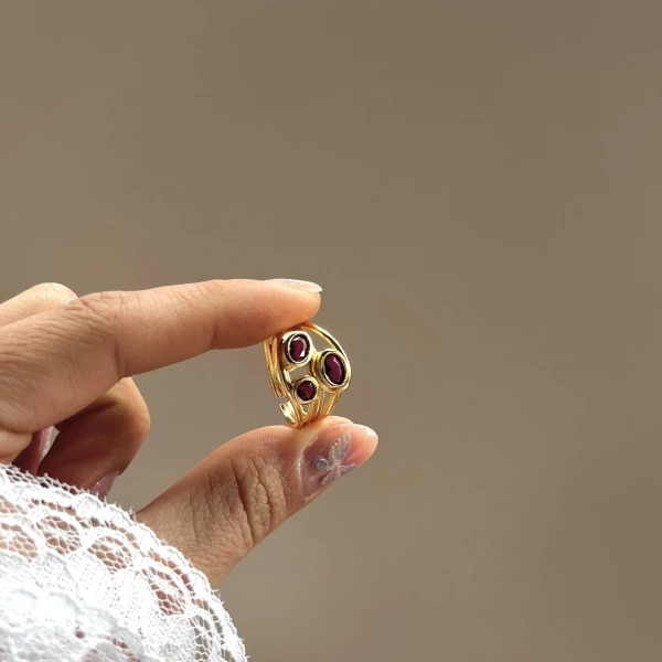 Bordo Taşlı Vintage Yüzük I 14 Altın Kaplama