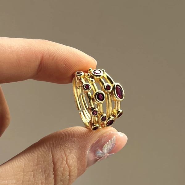 Bordo Taşlı Vintage Yüzük I 14 Altın Kaplama
