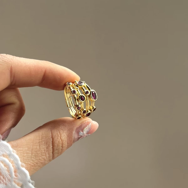 Bordo Taşlı Vintage Yüzük I 14 Altın Kaplama