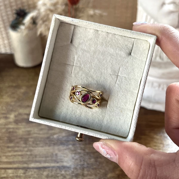 Bordo Taşlı Vintage Yüzük I 14 Altın Kaplama