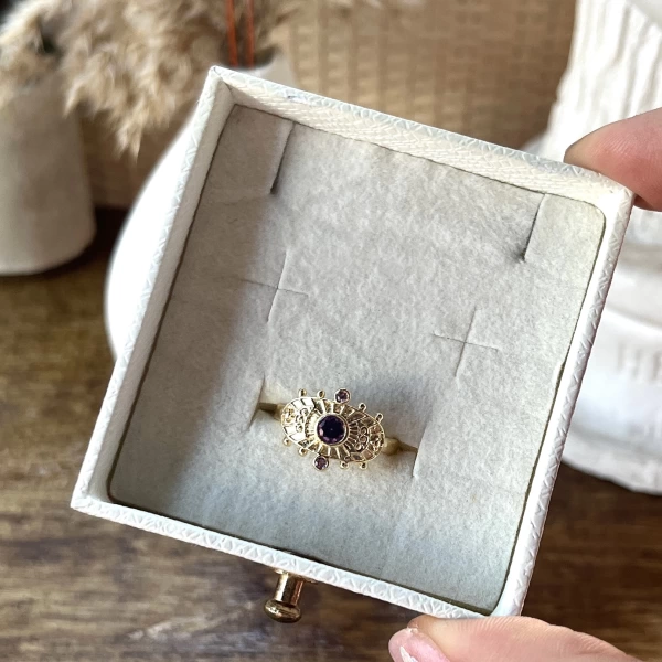 Bordo Taşlı Vintage Yüzük I 14 Altın Kaplama